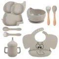 Set de repas bébé en silicone avec assiette ventouse éléphant, bol, couverts, tasse et bavoir. - Y20 (Bavoir Imprimé)