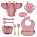 Kit de vaisselle bébé en silicone avec assiette homard bol tasse bavoir cuillère fourchette. - Ensemble / Rose