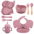 Kit repas bébé en silicone rose avec assiette éléphant, bol, cuillère, fourchette, bavoir. - Y19 (Bavoir Imprimé)
