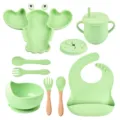 Silicone baby feeding set with lobster plate, bowl, cup, bib, spoon and fork for toddlers. - Set / Light Green