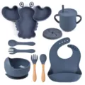 Kit de vaisselle pour bébé en silicone avec assiette homard, bol, tasse, cuillère, fourchette. - Ensemble / Bleu Foncé Gris