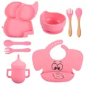 Kit d'alimentation bébé en silicone rose avec assiette éléphant, bol, cuillère, fourchette et bavoir. - Y14 (Bavoir Imprimé)