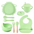 Silicone baby feeding set with divided plate, suction bowl, cup, spoon, fork and bib green - Y3 Lamb Set