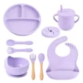 Siliconen baby eetset met zuignap bord kom beker lepel vork slabbetje in prachtig paars. - Y2-set