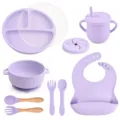 Baby silicone feeding set 9pcs, divided suction plate, bowl, cup, bib, and spoons for toddlers. - Y2 Plate, Lid, Ear Bowl, Bib, Sippy Cup, Snack Lid, Silicone & Wood Utensils