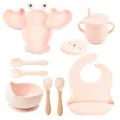 Pink silicone baby feeding set with lobster divided plate, suction bowl, straw cup and bib. - Set / Pink