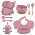 Kit repas bebe en silicone avec assiette elephant, bol, cuillere, fourchette, bavoir, tasse. - Y19 (Bavoir Couleur Unie)
