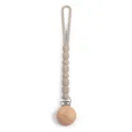 Khaki silicone beaded pacifier clip with natural wooden ball and metal fastener. - Y20