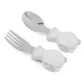 Baby stainless steel training fork and spoon set with white marble silicone bear handle. - Marble