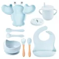 Blue silicone baby feeding set with lobster divided plate, cup, bowl, bib and utensils. - Set / Light Blue