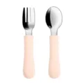 Baby stainless steel silicone spoon and fork training tableware set in pink color, safe for kids. - Y4