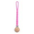 Pink silicone pacifier clip with wooden round holder and beads for newborn babies. - Y8