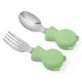 Baby stainless steel fork and spoon set with green silicone cute bear handle for toddlers. - Green