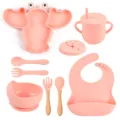 Set repas bébé en silicone rose avec assiette homard, bol ventouse et bavoir. - Ensemble / Rose