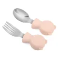 Baby stainless steel fork and spoon set with pink silicone bear handle for toddler self feeding. - Pink
