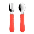 Stainless steel baby spoon and fork set with ergonomic red silicone training handles. - Y6
