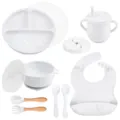 Set de alimentación de silicona para bebé, plato bol taza babero mármol blanco. - Set Y1 con plato, tapa, cuenco con orejas, tapa, babero, vaso con pajita, tapa para aperitivos, cubiertos de silicona y cubiertos con mango de madera