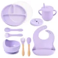 Silicone baby feeding set with divided plate bowl cup fork spoon bib for toddlers and kids. - Y2 Set with Lid