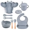 Ensemble Vaisselle Bébé Silicone Gris Assiette Ventouse Crabe Bavoir Cuillère - Ensemble / Multicolore