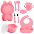 Rosa Baby Silikon Geschirr Set mit geteiltem Teller Schüssel Löffel Gabel Becher Latz. - Y14 Cartoon-Teller + Lätzchen + Schüssel mit Ohren + Deckel + Herz-Edelstahllöffel & -gabel + Silikonlöffel & -gabel + Herzbecher + Snackdeckel