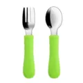 Stainless steel baby fork and spoon set, green silicone handle toddler training tableware. - Y2