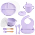 Set de alimentación para bebé de silicona 9 piezas plato dividido bol babero lila - Plato Y2 con tapa, bol con orejas con tapa, babero, vaso con pajita, tapa para aperitivos, cuchara y tenedor de silicona, y cuchara y tenedor con mango de madera