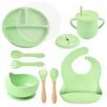 Silicone baby feeding set with suction plate bowl bib spoon fork cup for toddler weaning. - Y3 Set with Lid