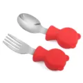 Baby stainless steel spoon fork set with red silicone bear handle for toddler feeding. - Red