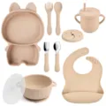 Baby Silikon Geschirr Set mit Teller Schüssel Löffel Gabel Becher und Lätzchen - Y15 Cartoon-Teller + Lätzchen + Schüssel mit Ohren + Deckel + Herz-Edelstahllöffel & -gabel + Silikonlöffel & -gabel + Herzbecher + Snackdeckel