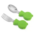 Baby stainless steel training fork and spoon set with cute green silicone bear handles. - Green