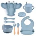 Set de repas bébé en silicone bleu avec jolie assiette homard, bol ventouse, tasse et bavoir. - Ensemble / Gris Bleu