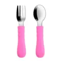 Stainless steel baby fork and spoon set with pink silicone handle for toddlers training. - Y8