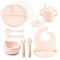 Pink silicone baby feeding set with suction plate, bowl, cup, bib, spoon and fork. - Y4 Set with Lid