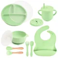 Set de alimentación de silicona para bebé 9 piezas vajilla infantil con plato dividido bol vaso. - Plato Y3 con tapa, bol con orejas con tapa, babero, vaso con pajita, tapa para aperitivos, cuchara y tenedor de silicona, y cuchara y tenedor con mango de madera