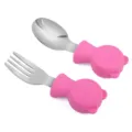 Baby silicone stainless steel spoon and fork tableware set in pink with cute bear handle for kids - Pink