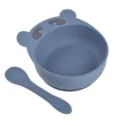 Ensemble bol à ventouse et cuillère en silicone pour bébé, design ours mignon, gris bleu. - Bol ours et cuillère en silicone pur Y10
