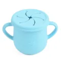 Light blue silicone baby snack cup with dual handles and spill proof lid for toddlers. - Y9 Snack Cup