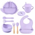 Juego de vajilla de silicona para bebé plato dinosaurio bol taza cuchara morado - Conjuntos / Púrpura