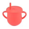 Coral red silicone baby sippy cup with dual handles, leak-proof lid and straw, heart embossed. - Y6 Sippy Cup