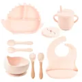 Set de vajilla de silicona para bebé con plato de dinosaurio, cuenco con ventosa y cuchara. - Conjuntos / Rosa