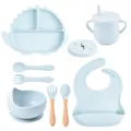Set vajilla bebe de silicona plato dinosaurio cuenco taza cuchara tenedor babero - Conjuntos / Azul claro