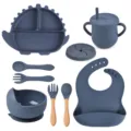 Set de vajilla de silicona para bebé plato ventosa dinosaurio bol cuchara tenedor babero - Conjuntos / Azul marino