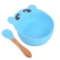 Kit de bol à ventouse et cuillère en silicone pour bébé, design ours bleu mignon. - Cuillère avec manche en bois + Bol ours Y9