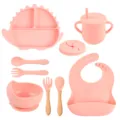 Set de alimentación de silicona rosa para bebé con plato de dinosaurio dividido, bol, taza y babero. - Conjuntos / Rosa