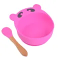 Bol d'aspiration en silicone pour bébé rose et cuillère en bois pratique pour tout-petits - Cuillère avec manche en bois + Bol ours Y8
