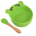 Bol d'aspiration en silicone vert pour bébé avec cuillère au joli design d'ours mignon. - Cuillère avec manche en bois + Bol ours Y7