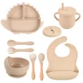 Set de vajilla de silicona para bebé con plato de dinosaurio, vaso, cuchara, tenedor y babero. - Conjuntos / Rosa nude