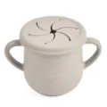 Grey silicone baby snack cup with dual handles and spill-proof slotted lid, toddler feeding. - Y20 Snack Cups