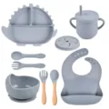 Completo set de alimentacion bebe de silicona plato dinosaurio cuenco taza cuchara babero - Conjuntos / Gris