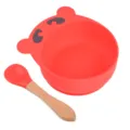 Joli bol d'aspiration pour bébé en silicone ours rouge et cuillère à manche en bois. - Cuillère avec manche en bois + Bol ours Y6
